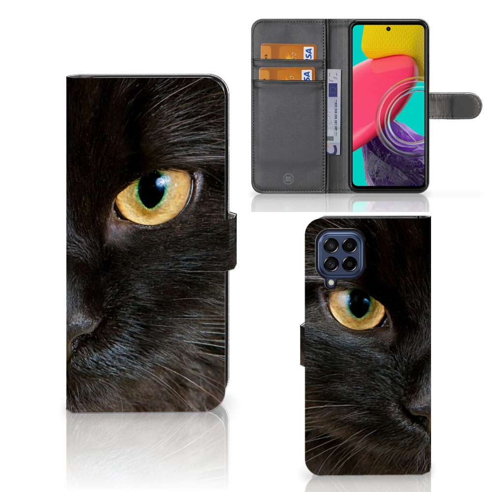 Samsung Galaxy M53 Telefoonhoesje met Pasjes Zwarte Kat design zwarte kat aanzicht