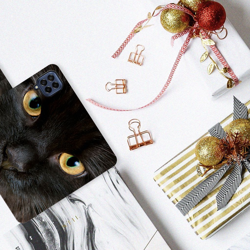 Samsung Galaxy M53 Telefoonhoesje met Pasjes Zwarte Kat kattenhoofd bovenaanzicht
