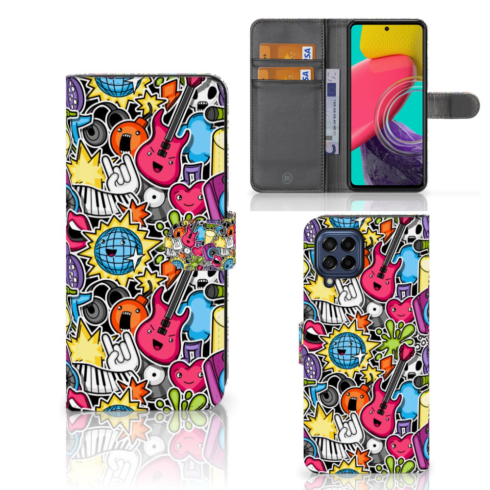 Samsung Galaxy M53 Wallet Case met Pasjes Punk Rock hoesje kleurrijk design voorzijde binnenzijde