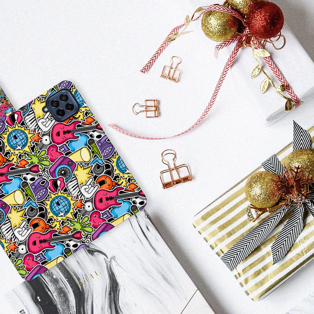 Samsung Galaxy M53 Wallet Case met Pasjes Punk Rock kleurrijk design bovenaanzicht