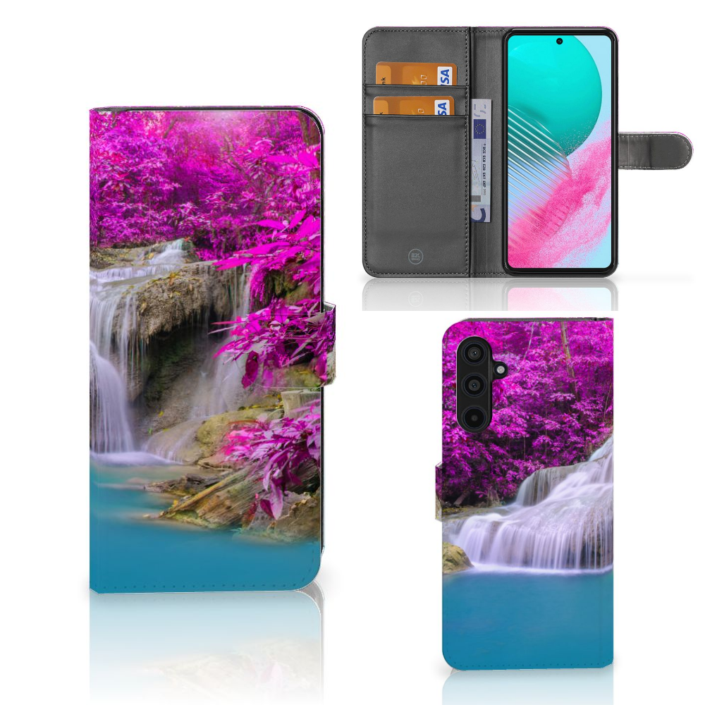 Samsung Galaxy M54 Flip Cover Waterval design kalme waterval paarse bomen aanzicht