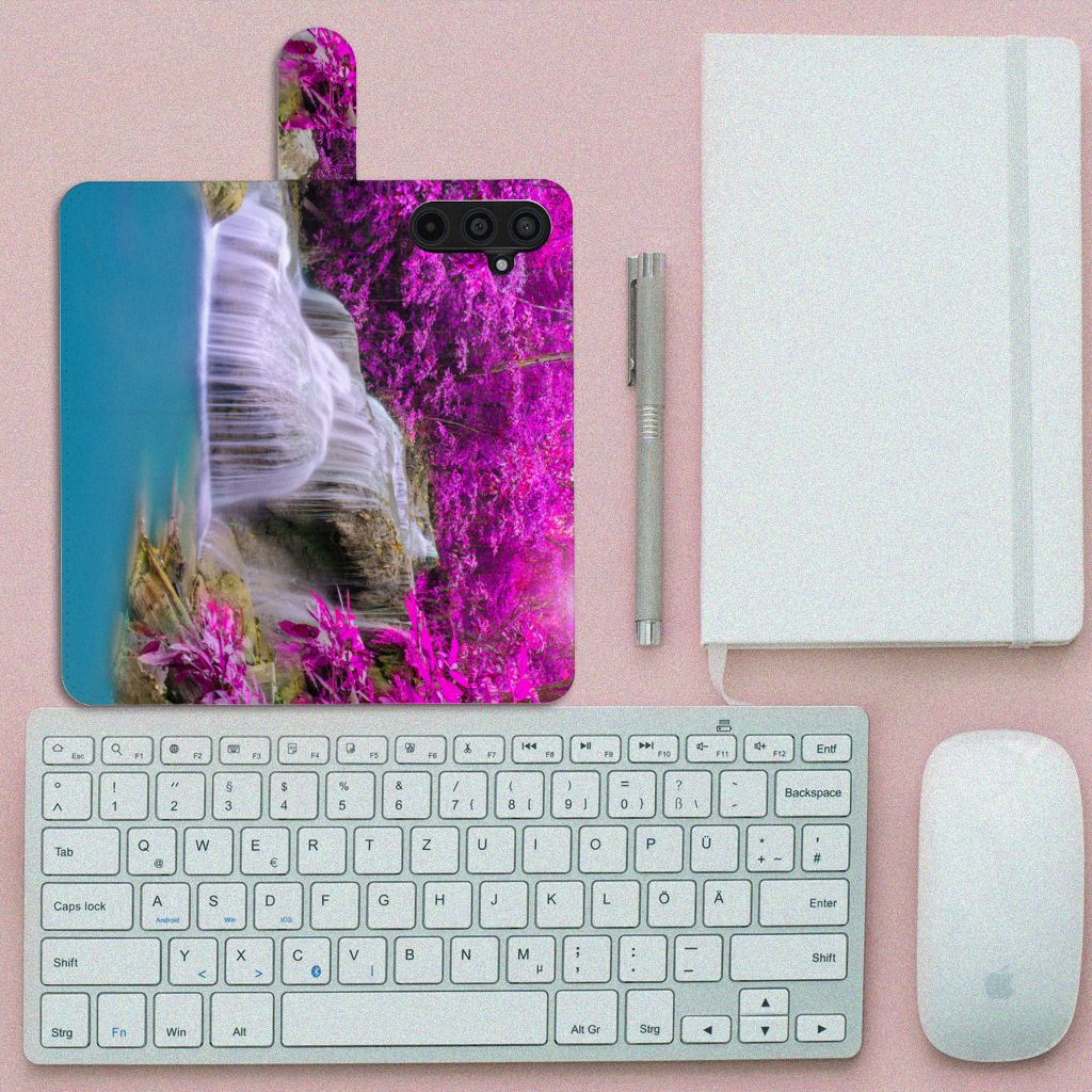 Samsung Galaxy M54 Flip Cover Waterval waterval paarse bomen design aanzicht