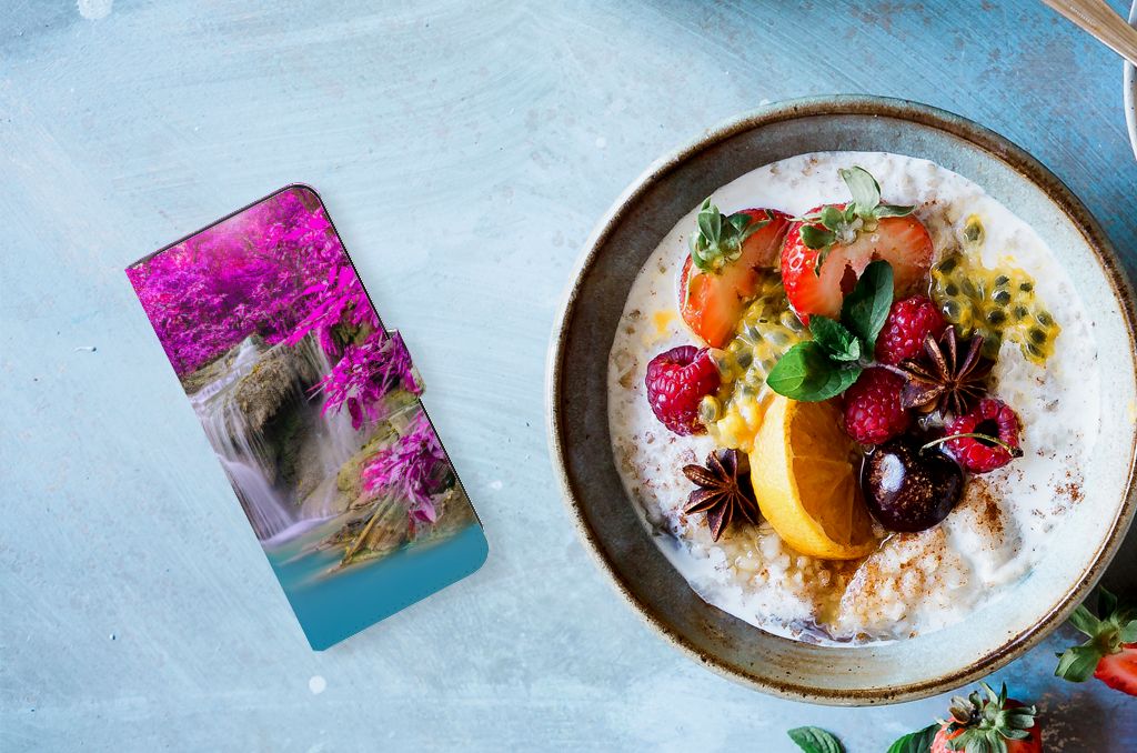 Samsung Galaxy M54 Flip Cover Waterval design kalme waterval paarse bomen aanzicht