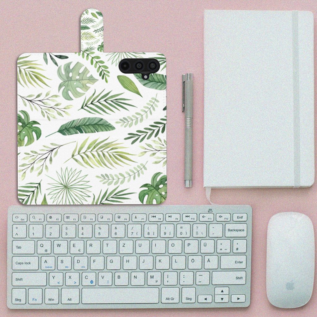 Samsung Galaxy M54 Hoesje Leaves telefoonhoesje bladeren design bovenaanzicht