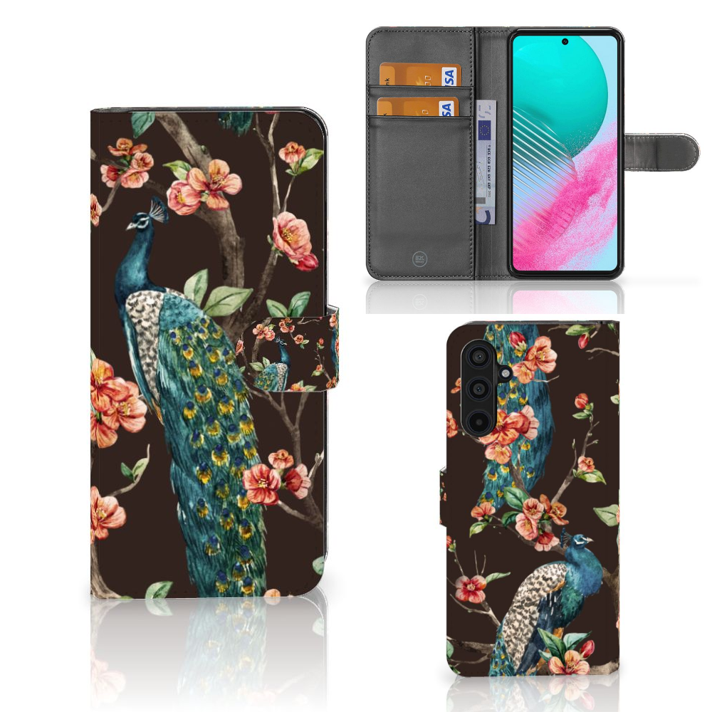 Samsung Galaxy M54 Telefoonhoesje met Pasjes Pauw met Bloemen design pauw bloemen voorkant achterkant