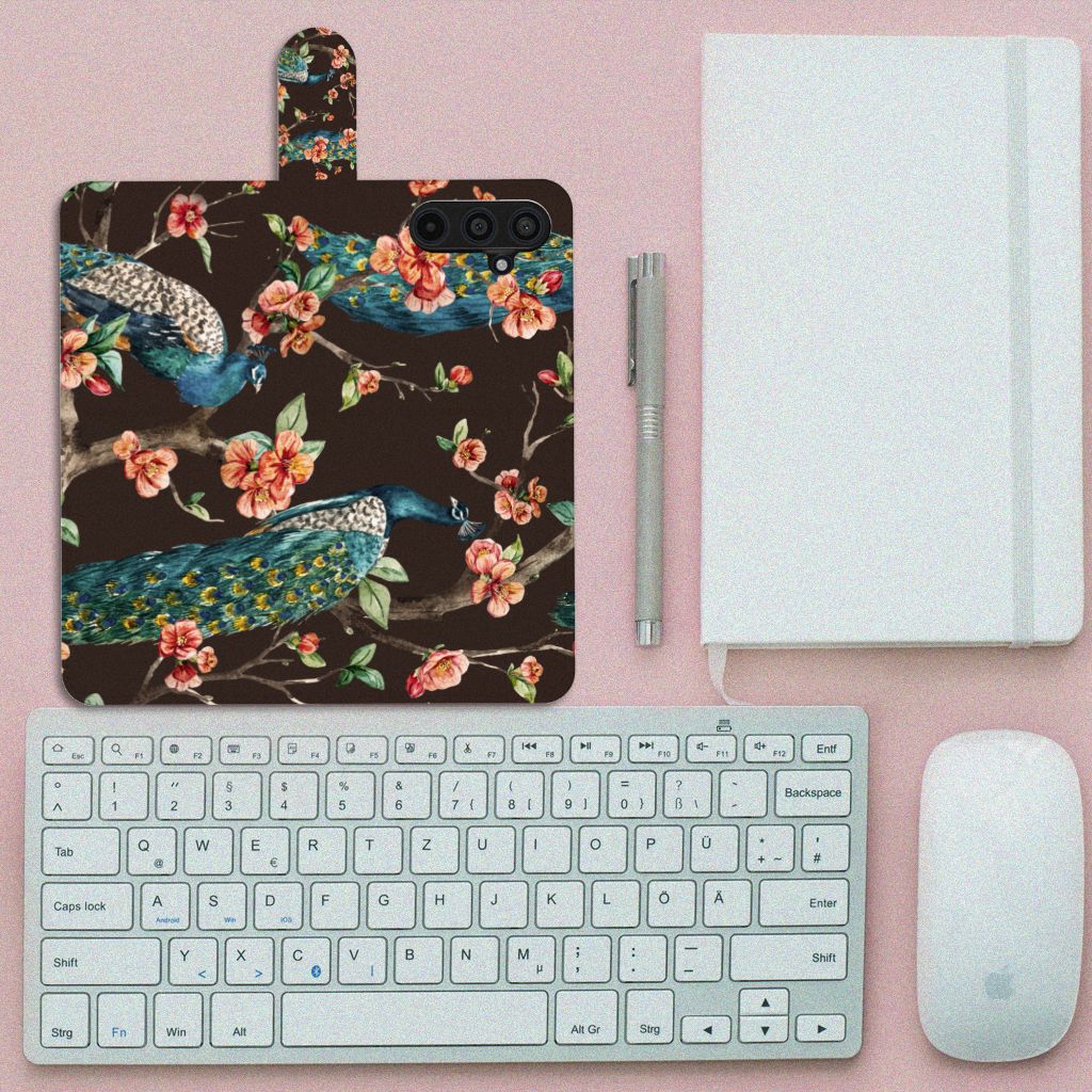 Samsung Galaxy M54 Telefoonhoesje met Pasjes Pauw met Bloemen design pauw bloemen bovenaanzicht