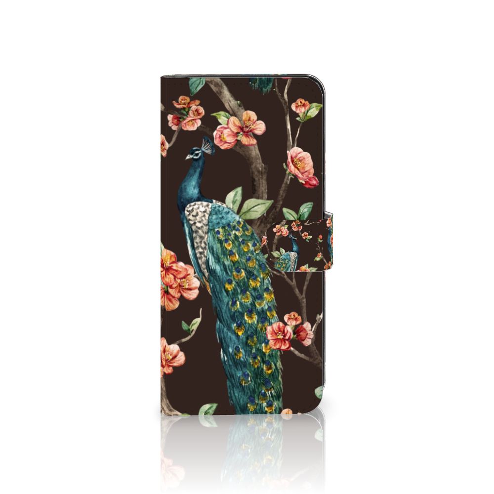 Samsung Galaxy M54 Telefoonhoesje met Pasjes Pauw met Bloemen telefoonhoesje pauw bloemen aanzicht