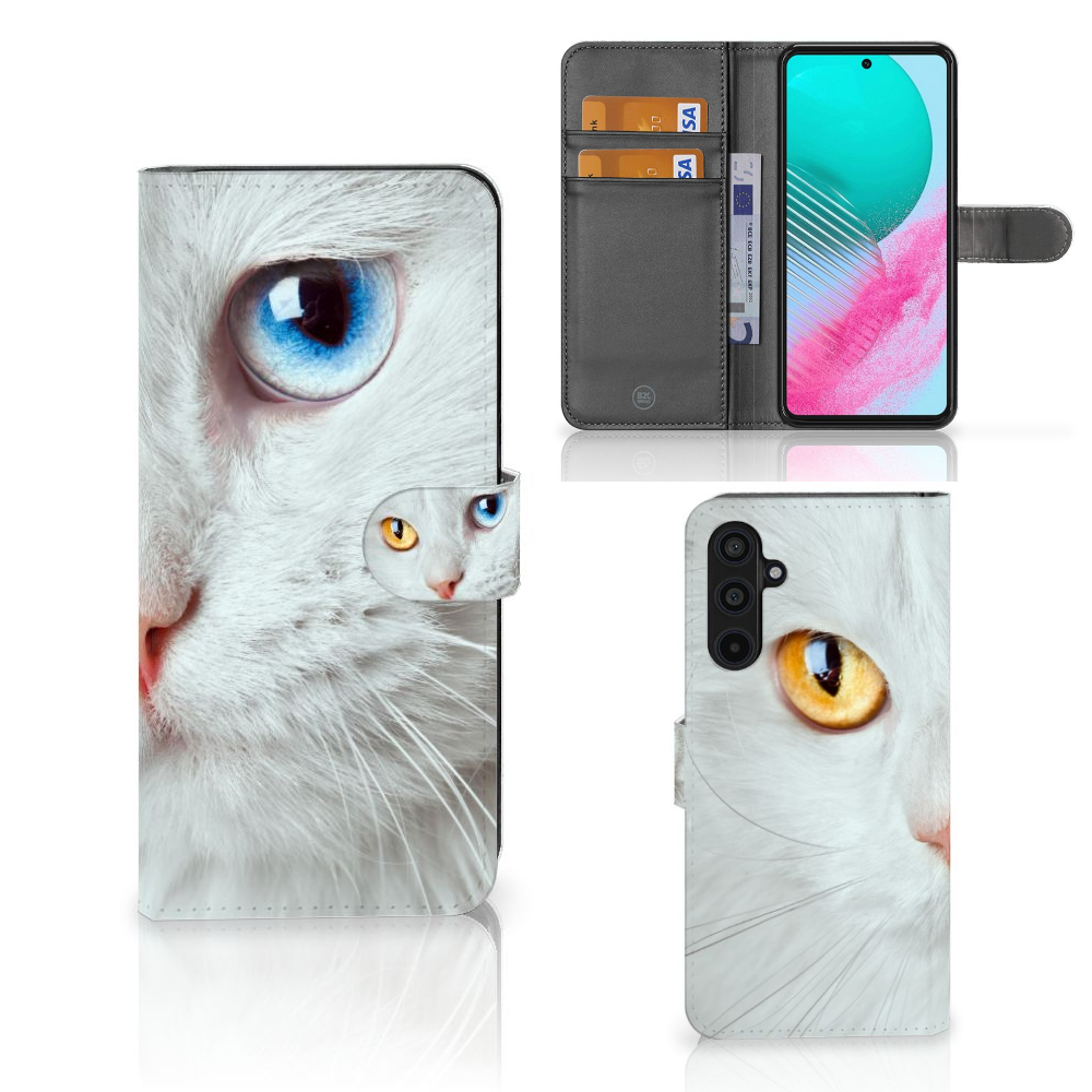 Samsung Galaxy M54 Telefoonhoesje met Pasjes Witte Kat telefonie design witte kat aanzicht