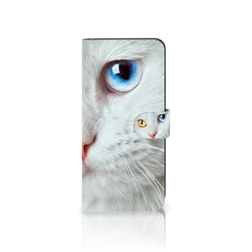 Samsung Galaxy M54 Telefoonhoesje met Pasjes Witte Kat telefoonhoes design witte kat aanzicht