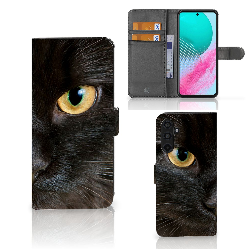 Samsung Galaxy M54 Telefoonhoesje met Pasjes Zwarte Kat design zwart kat aanzicht