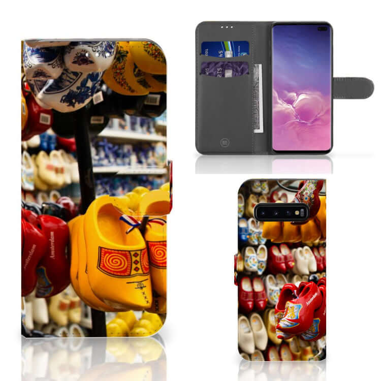 Samsung Galaxy S10 Plus Flip Cover Klompen hoesje klompen kleurrijk design vooraanzicht