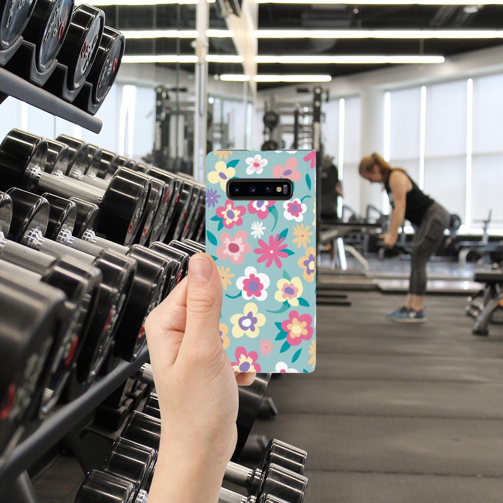 Samsung Galaxy S10 Plus Smart Cover Flower Power telefoonhoesje bloemen ontwerp hand gym
