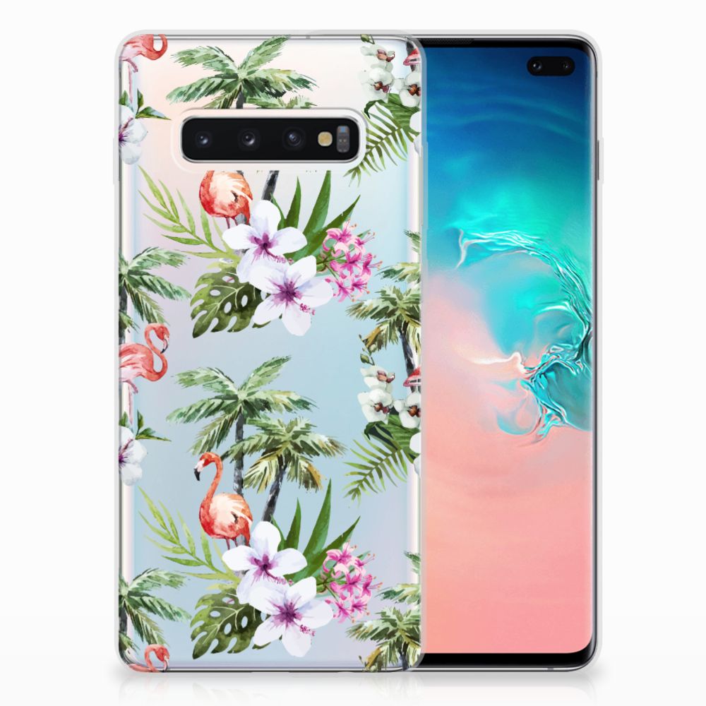 Samsung Galaxy S10 Plus TPU Hoesje Flamingo Palms design flamingo palmbomen achterzijde