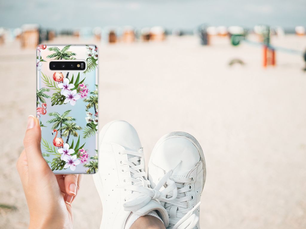Samsung Galaxy S10 Plus TPU Hoesje Flamingo Palms design flamingo palms aanzicht