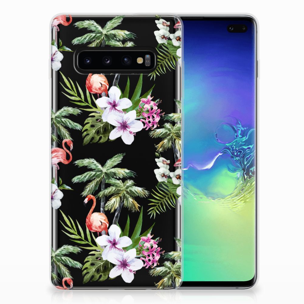 Samsung Galaxy S10 Plus TPU Hoesje Flamingo Palms design flamingo palmbomen voorzijde