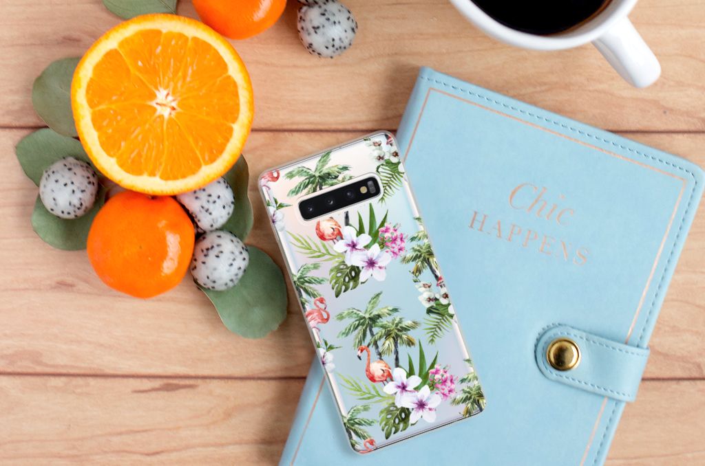 Samsung Galaxy S10 Plus TPU Hoesje Flamingo Palms ontwerp bloemen palmbomen