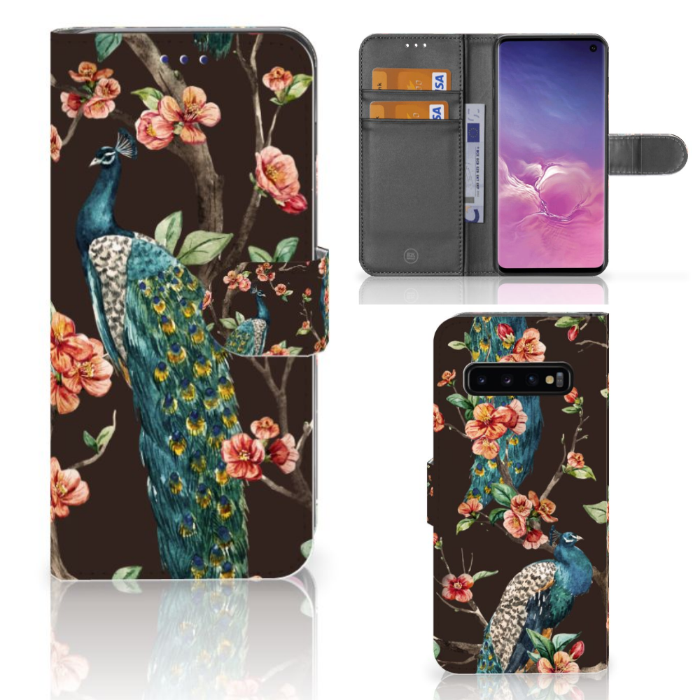 Samsung Galaxy S10 Telefoonhoesje met Pasjes Pauw met Bloemen design bloemen pauw aanzicht