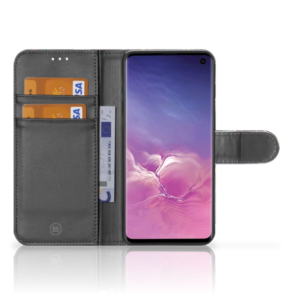 Samsung Galaxy S10 Telefoonhoesje met Pasjes Pauw met Bloemen telefoonhoesje pauw bloemen aanzicht