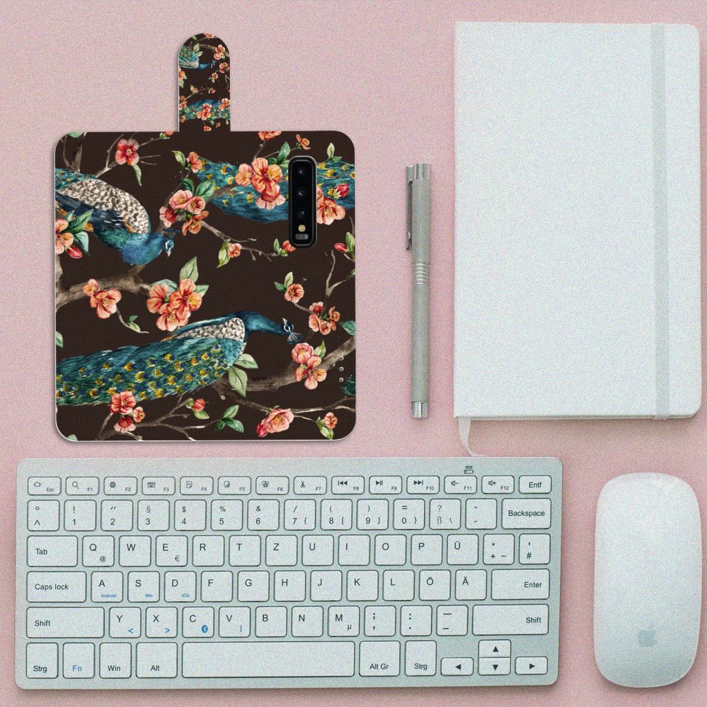 Samsung Galaxy S10 Telefoonhoesje met Pasjes Pauw met Bloemen bovenaanzicht toetsenbord