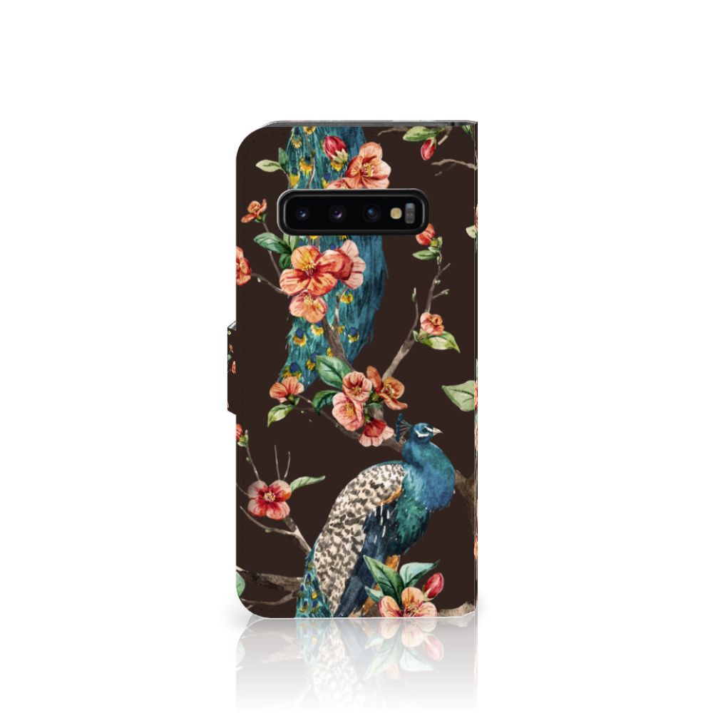Samsung Galaxy S10 Telefoonhoesje met Pasjes Pauw met Bloemen telefoonhoesje pauw bloemen voorkant