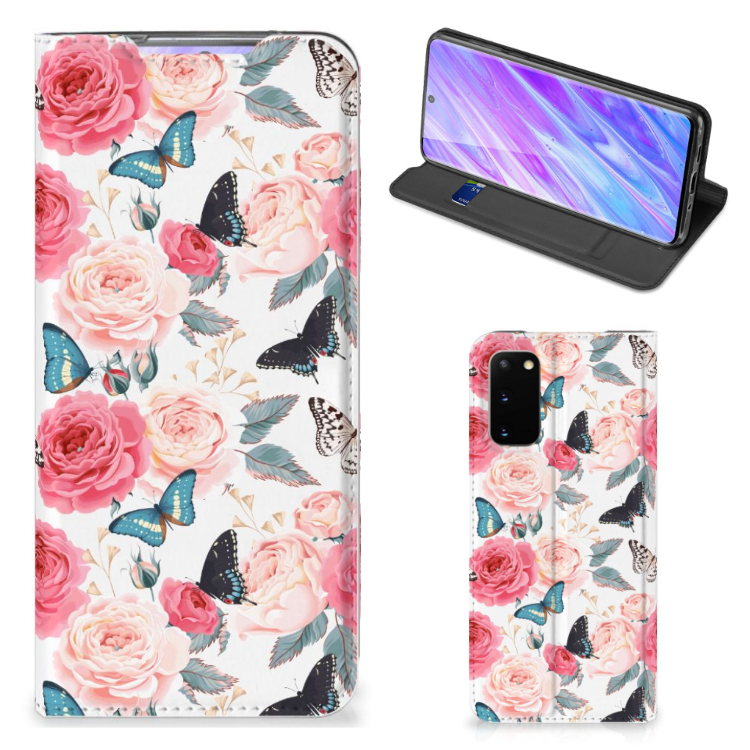 Samsung Galaxy S20 Smart Cover Butterfly Roses voorkant zijkant binnenkant