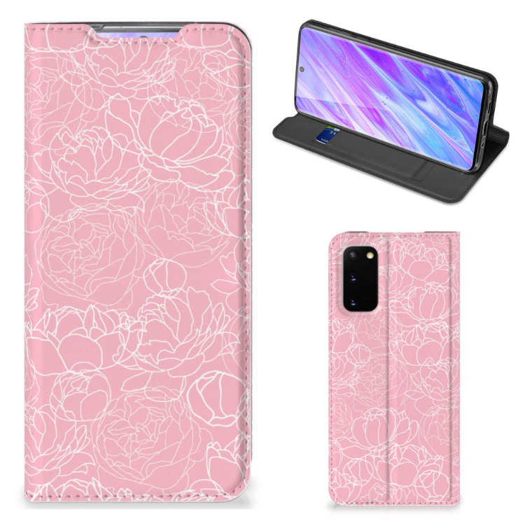 Samsung Galaxy S20 Smart Cover White Flowers hoesje met bloemen voorkant achterkant stand