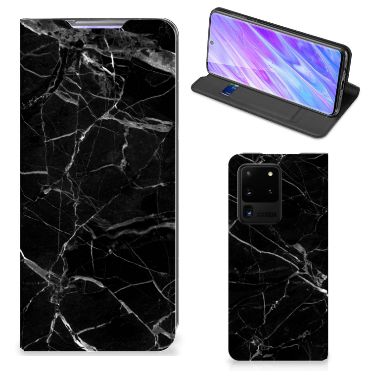Samsung Galaxy S20 Ultra Standcase Marmer Zwart Origineel Cadeau Vader zwart marmer design hoesje aanzicht