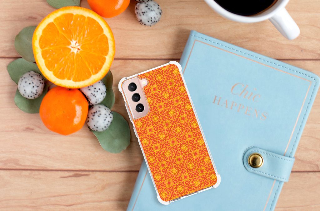 Samsung Galaxy S21 FE Doorzichtige Silicone Hoesje Batik Oranje design bovenaanzicht