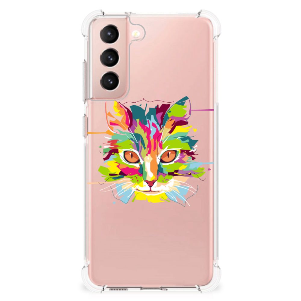 Samsung Galaxy S21 FE Stevig Bumper Hoesje Cat Color kat kleur design achterkant
