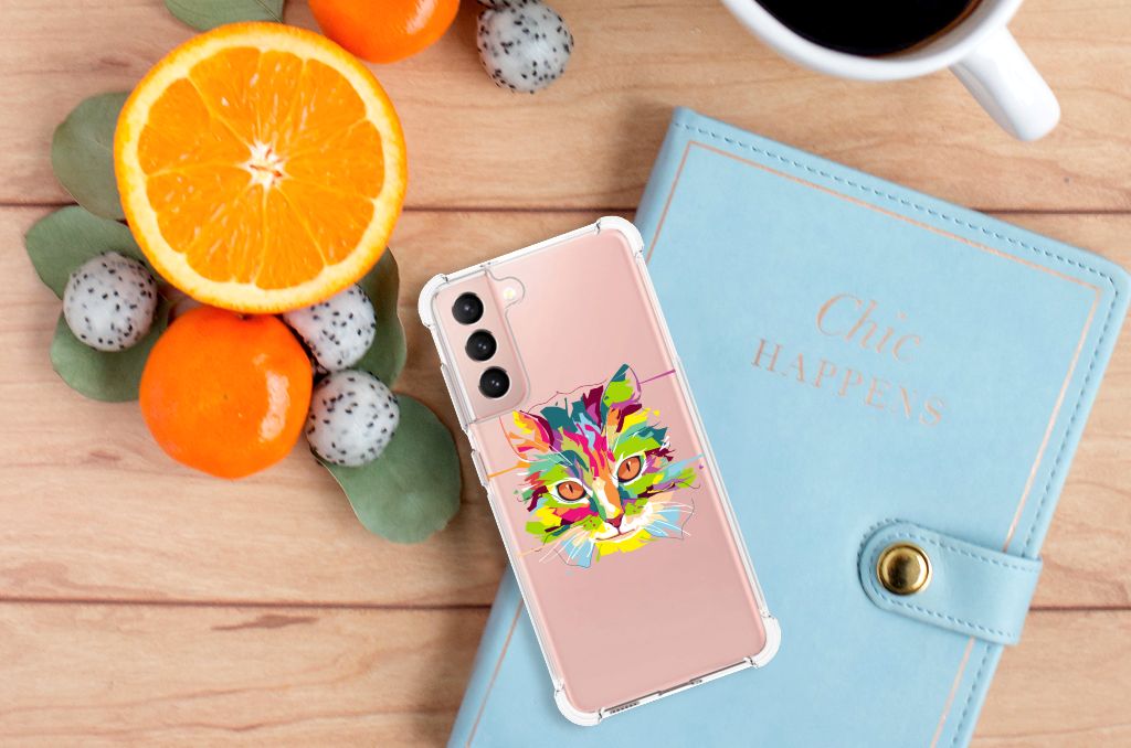 Samsung Galaxy S21 FE Stevig Bumper Hoesje Cat Color bovenaanzicht