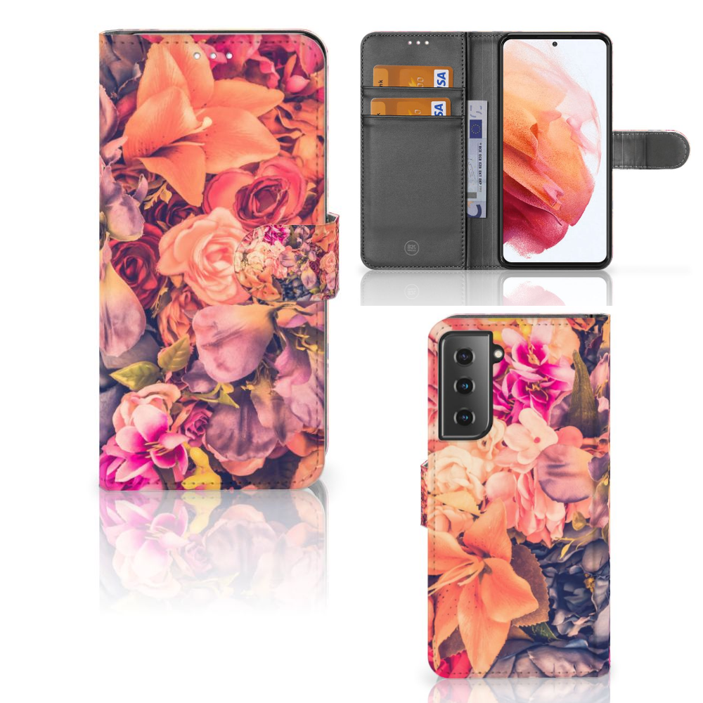 Samsung Galaxy S21 Hoesje Bosje Bloemen boekhoesje bloemen design aanzicht