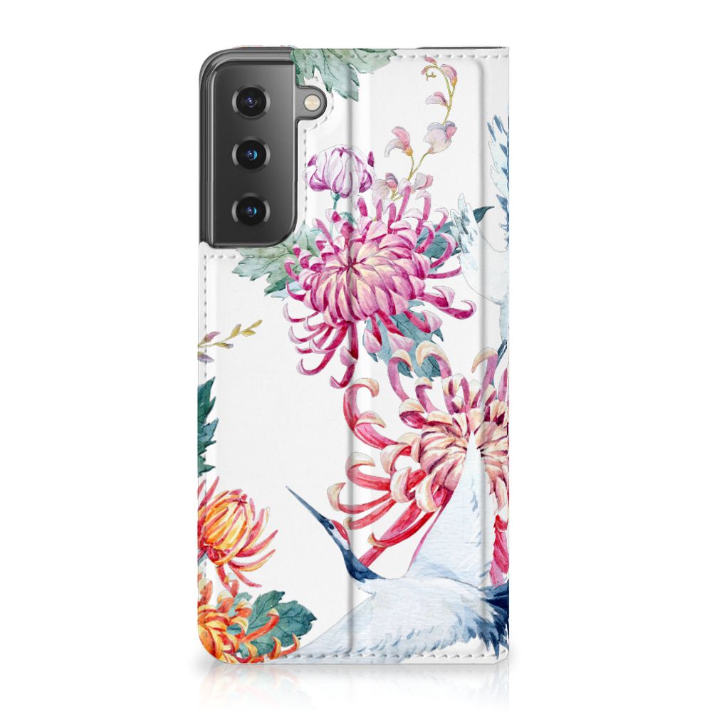 Samsung Galaxy S21 Hoesje maken Bird Flowers bloemen ooievaars design voorkant
