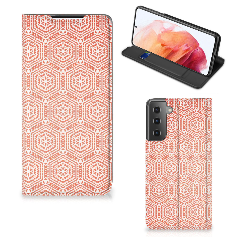 Samsung Galaxy S21 Hoesje met Magneet Pattern Orange design oranje wit patroon aanzicht
