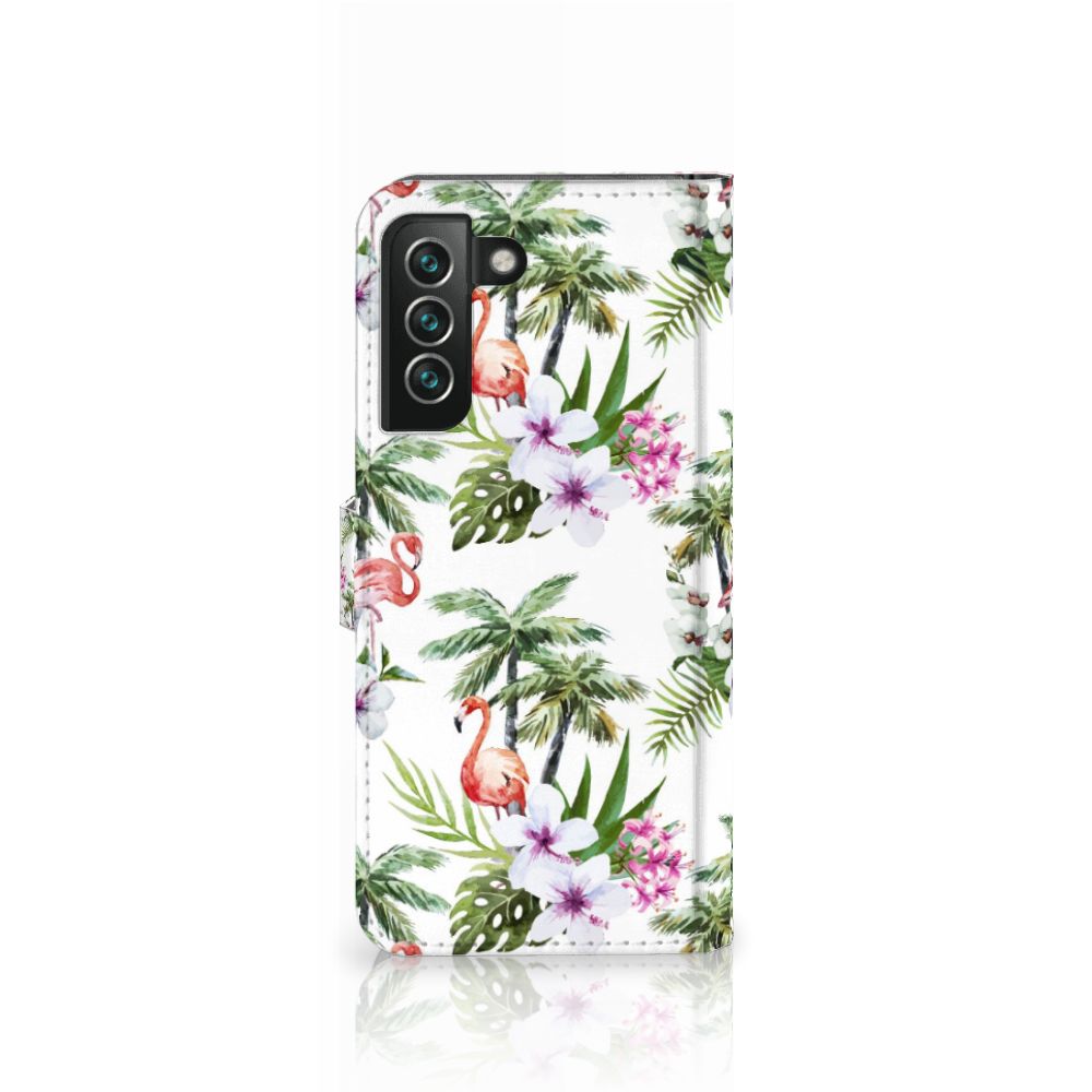 Samsung Galaxy S22 Plus Telefoonhoesje met Pasjes Flamingo Palms achterzijde tropisch design