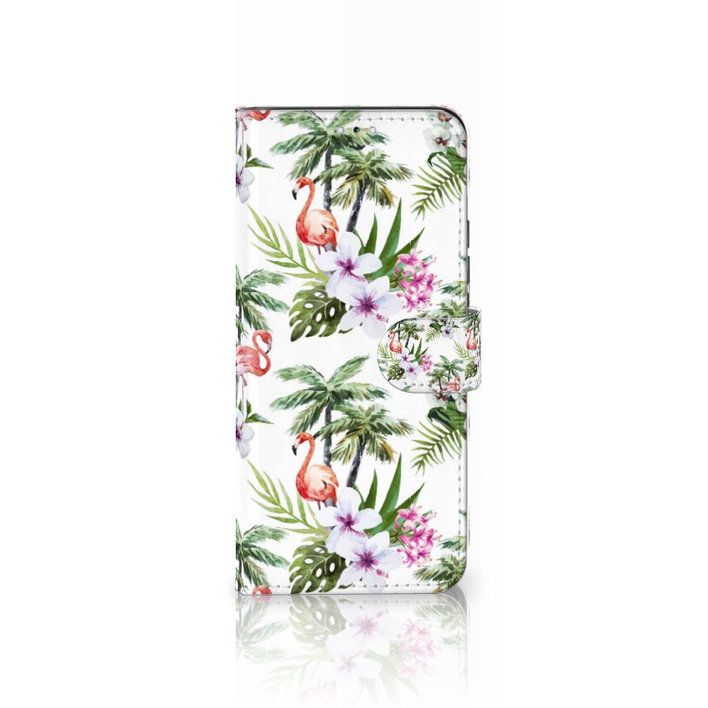 Samsung Galaxy S22 Plus Telefoonhoesje met Pasjes Flamingo Palms design flamingo palmbomen bloemen aanzicht