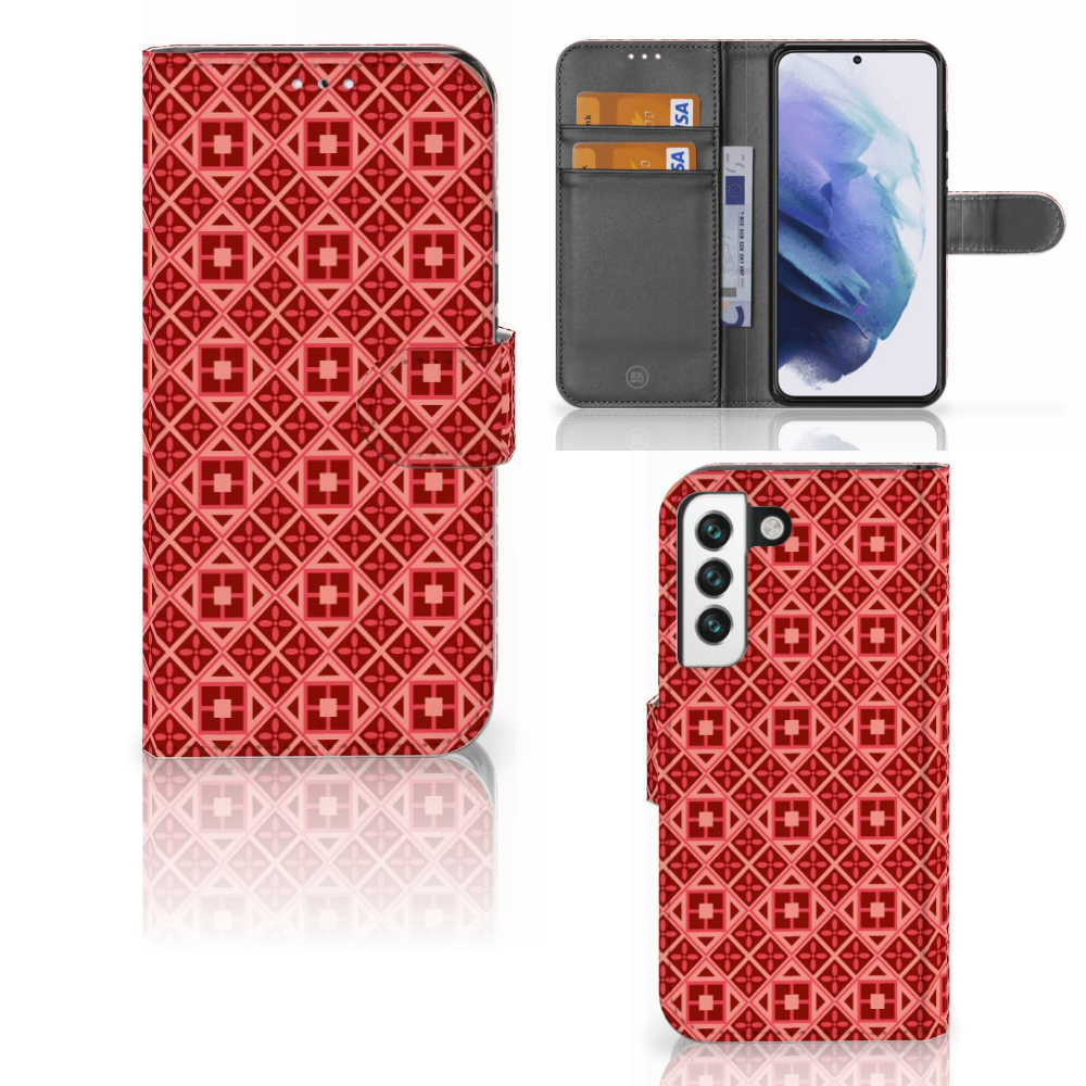 Samsung Galaxy S22 Telefoon Hoesje Batik Rood telefoonhoesje batik rood vooraanzicht zijkant