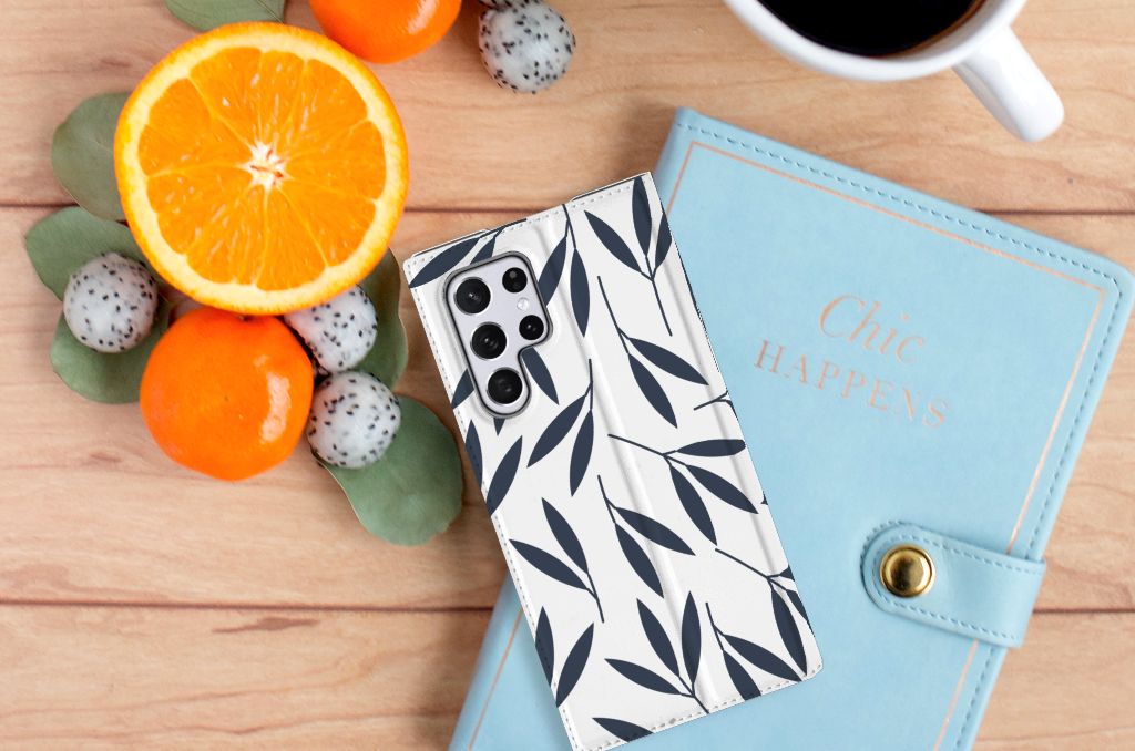 Samsung Galaxy S22 Ultra Smart Cover Leaves Blue bladeren bovenaanzicht