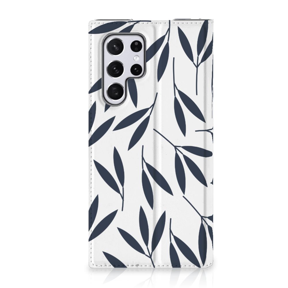 Samsung Galaxy S22 Ultra Smart Cover Leaves Blue hoesje bladeren design voorzijde