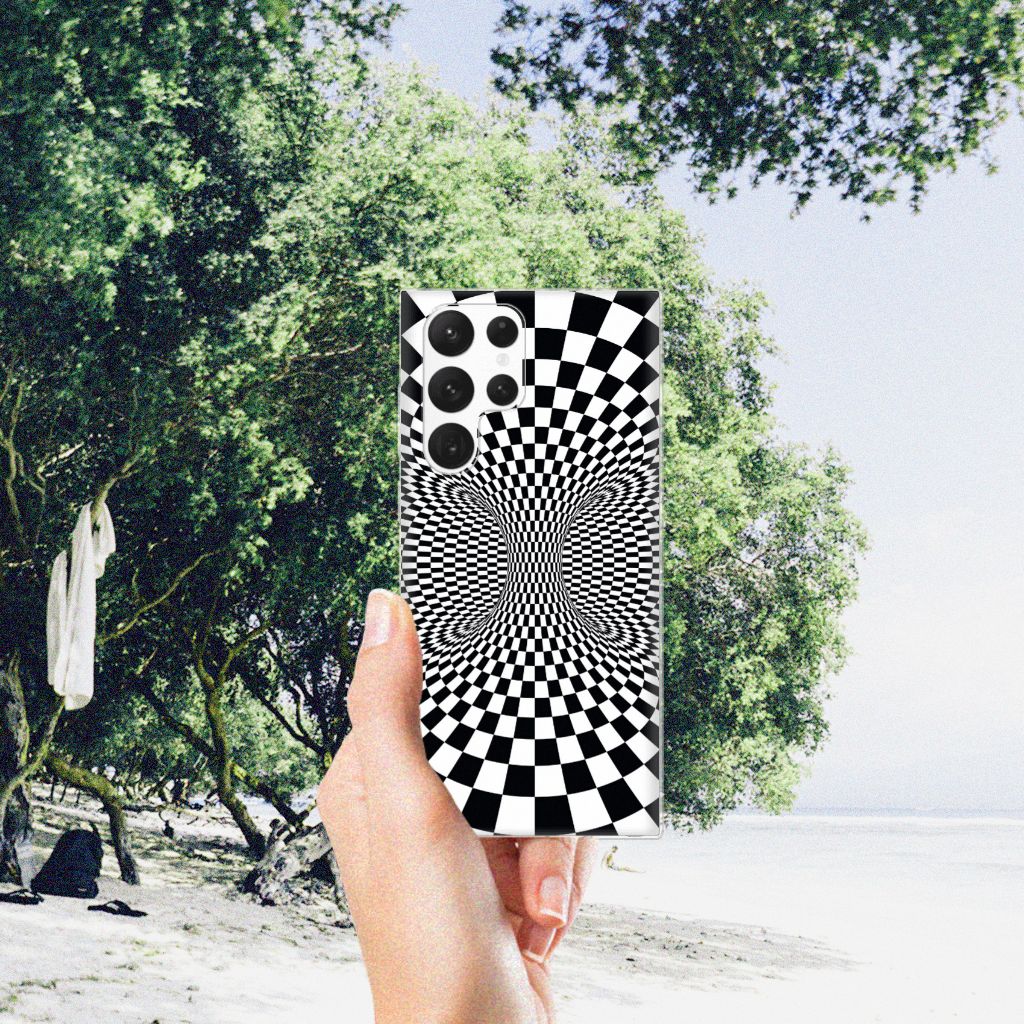 Samsung Galaxy S22 Ultra TPU Hoesje Illusie zwart wit checkered design vooraanzicht