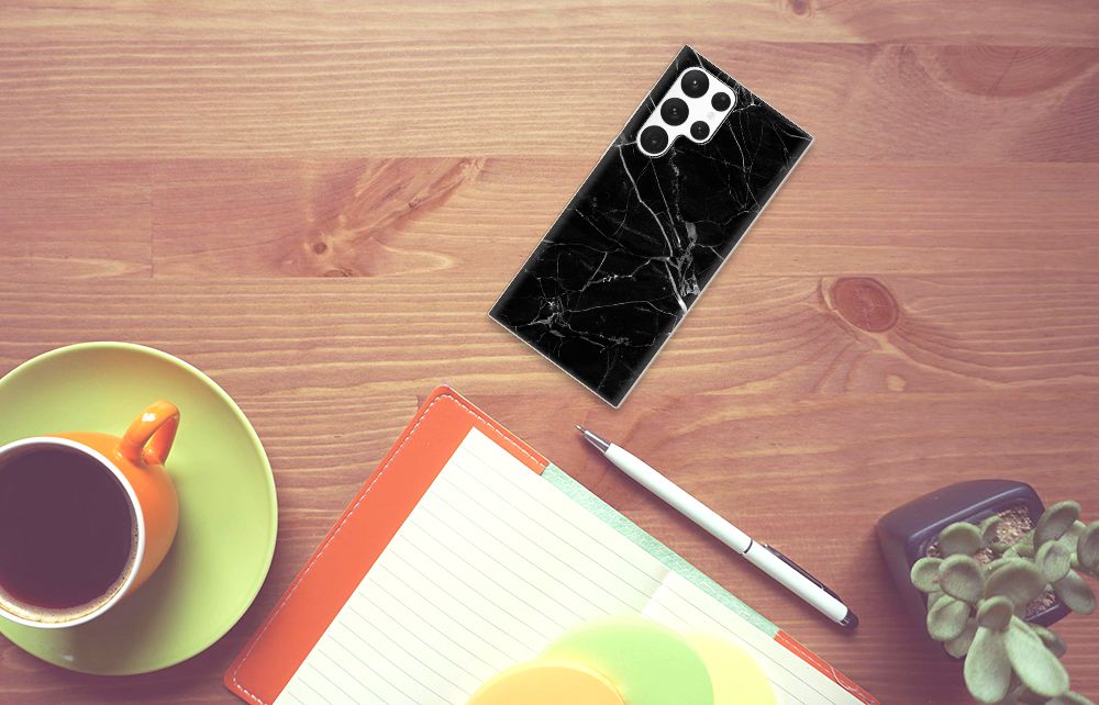 Samsung Galaxy S22 Ultra TPU Siliconen Hoesje Marmer Zwart design zwart marmer aanzicht