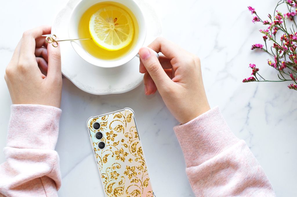 Samsung Galaxy S23 FE Case Gouden Bloemen design bovenaanzicht