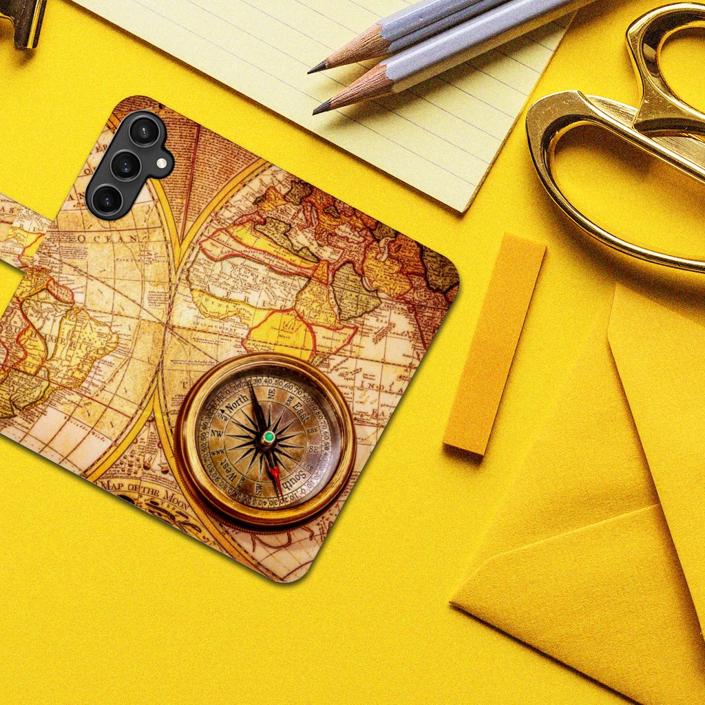 Samsung Galaxy S23 FE Flip Cover Kompas kompas wereldkaart design bovenaanzicht