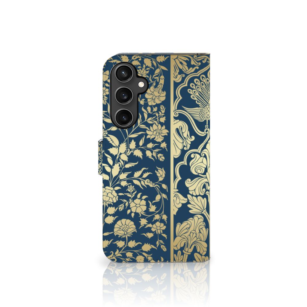 Samsung Galaxy S23 FE Hoesje Beige Flowers boekhoes donkerblauw bloemen