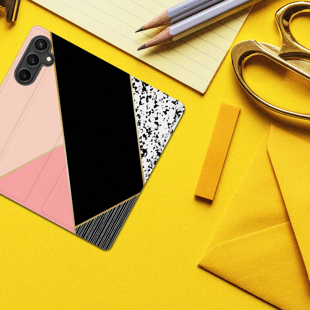 Samsung Galaxy S23 FE Stand Case Zwart Roze Vormen op een gele achtergrond met stijlvolle geometrische ontwerpen.