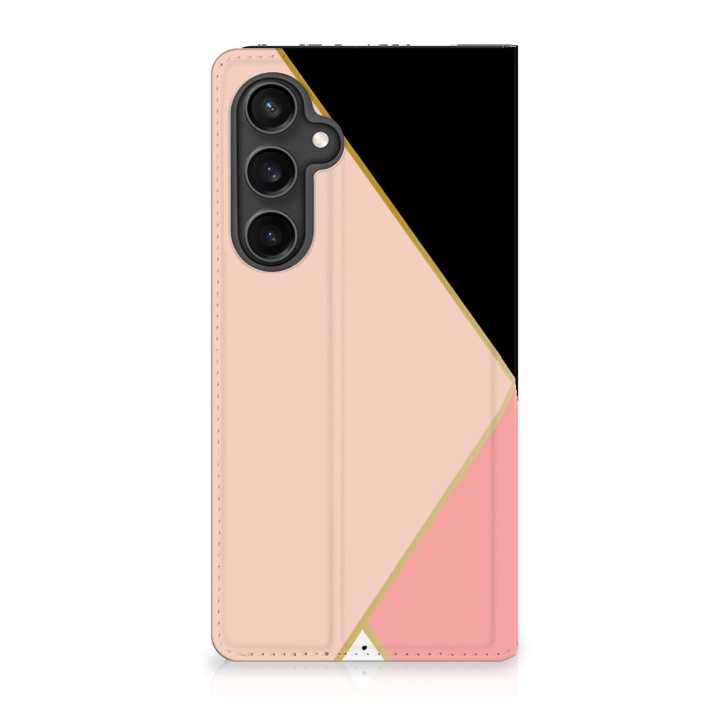 Samsung Galaxy S23 FE Stand Case Zwart Roze Vormen met moderne geometrische patronen en uitstekende bescherming.