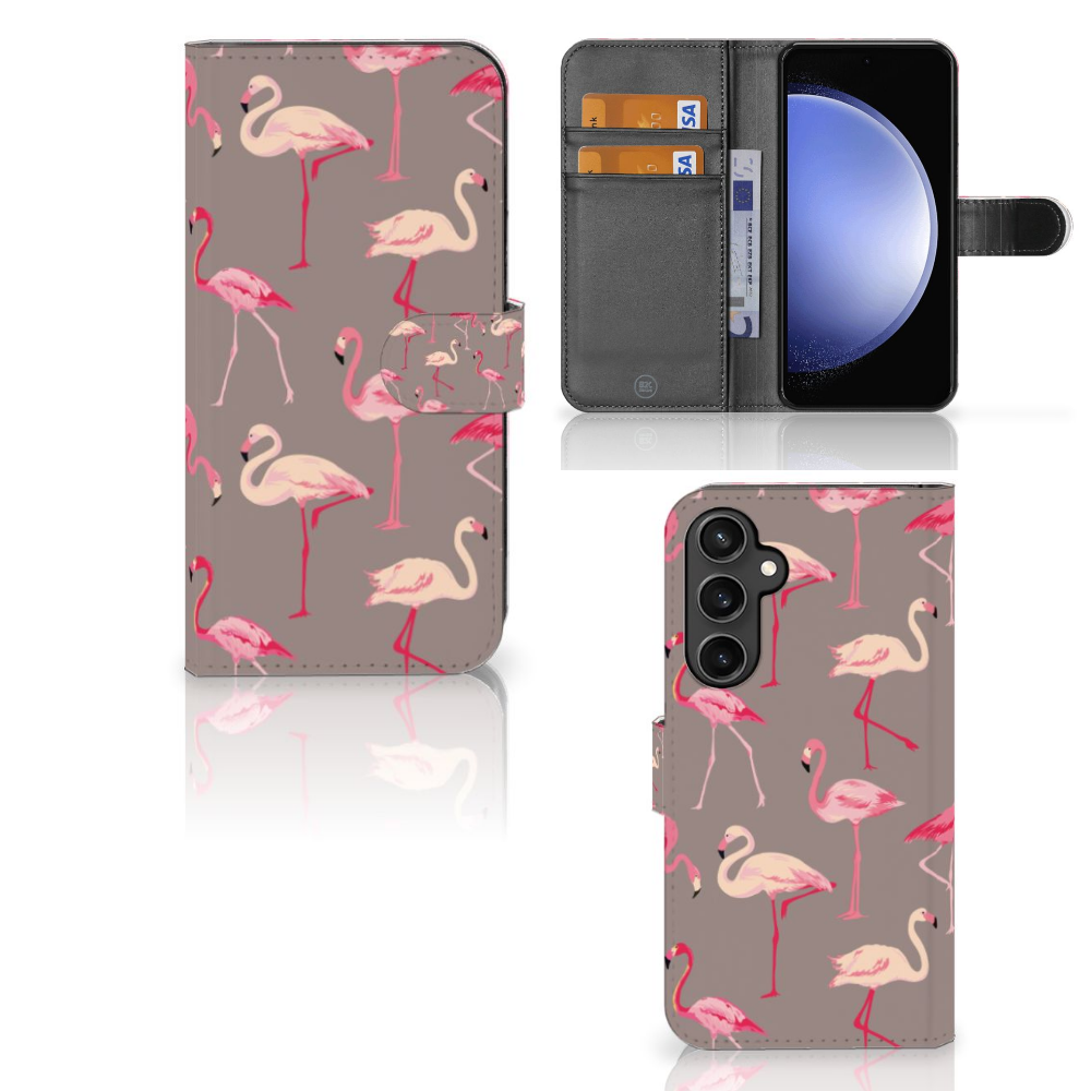 Samsung Galaxy S23 FE telefoonhoesje met pasjes flamingo voorkant zijkant
