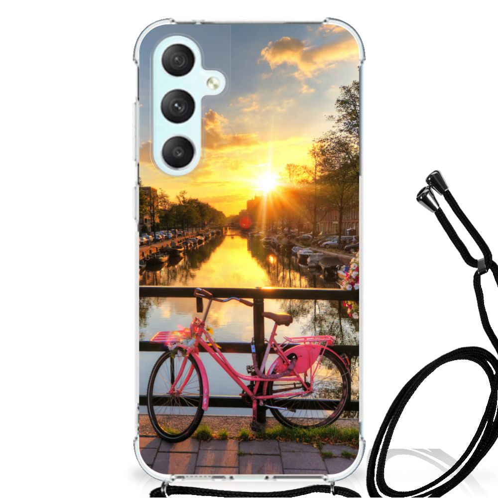 Samsung Galaxy S23 FE Telefoonhoesje met valbescherming Amsterdamse Grachten telefoonhoesje fiets zonsondergang