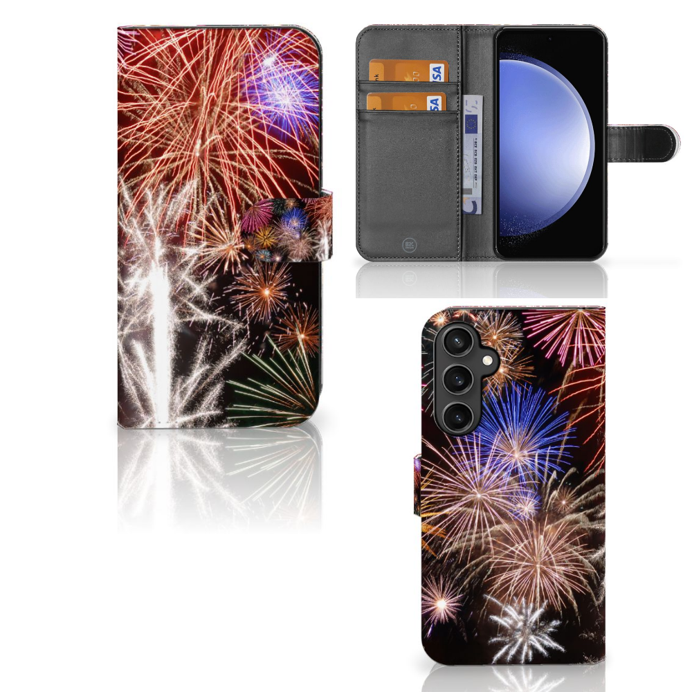 Samsung Galaxy S23 FE Wallet Case met Pasjes Vuurwerk met kleurrijke vuurwerkprint en opbergvakken voor kaarten.