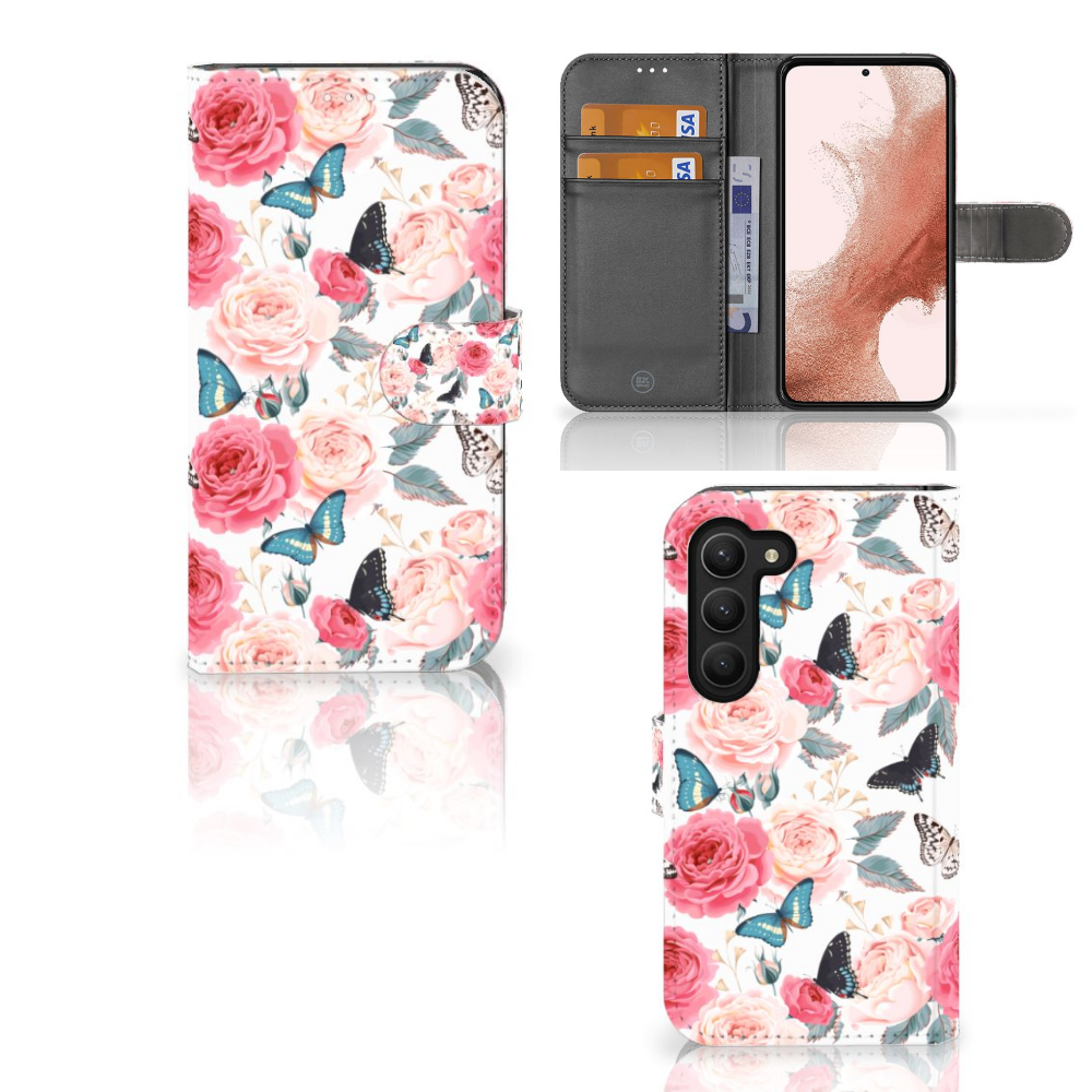 Samsung Galaxy S23 Hoesje Butterfly Roses hoesje butterfly rozen voorkant achterkant