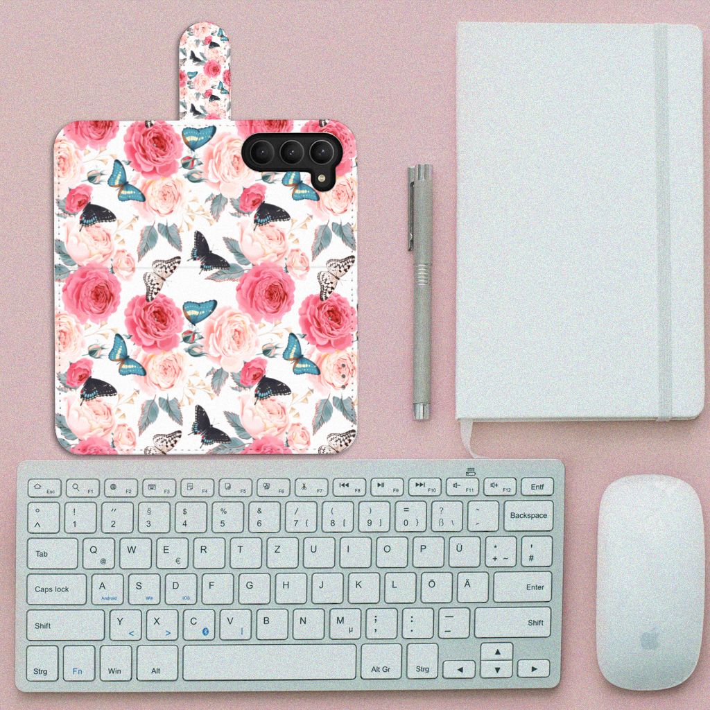 Samsung Galaxy S23 Hoesje Butterfly Roses boekhoes roze vlinders rozen aanzicht